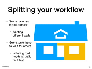 Raamana
Splitting your workﬂow
26
• Some tasks are
highly parallel

• painting
diﬀerent walls

• Some tasks have
to wait for others

• Installing roof,
needs all walls
built ﬁrst.
 