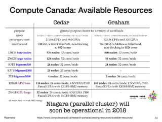 Raamana
Compute Canada: Available Resources
https://www.computecanada.ca/research-portal/accessing-resources/available-resources/ 33
Cedar
Niagara (parallel cluster) will
soon be operational in 2018
Graham
 