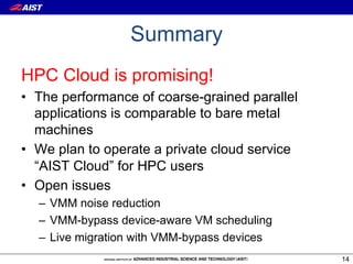 Summary
HPC Cloud is promising!
•  The performance of coarse-grained parallel
   applications is comparable to bare metal
   machines
•  We plan to operate a private cloud service
   “AIST Cloud” for HPC users
•  Open issues
  –  VMM noise reduction
  –  VMM-bypass device-aware VM scheduling
  –  Live migration with VMM-bypass devices
                                                14
 