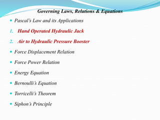 Governing Laws, Relations & Equations
 Pascal’s Law and its Applications
1. Hand Operated Hydraulic Jack
2. Air to Hydraulic Pressure Booster
 Force Displacement Relation
 Force Power Relation
 Energy Equation
 Bernoulli’s Equation
 Torricelli’s Theorem
 Siphon’s Principle
 