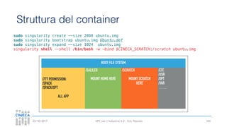 HPC per l’industria 4.0 - Eric Pascolo03/10/2017
Struttura del container
103
ROOT FILE SYSTEM
(777 PERMISSION)
/SPACK
/SPACK/OPT
ALL APP
/GALILEO
MOUNT HOME HERE
/SCRATCH
MOUNT SCRATCH
HERE
/ETC
/USR
/OPT
/VAR
……
sudo singularity create --size 2048 ubuntu.img
sudo singularity bootstrap ubuntu.img Ubuntu.def
sudo singularity expand —-size 1024 ubuntu.img
singularity shell --shell /bin/bash -w —bind $CINECA_SCRATCH:/scratch ubuntu.img
 