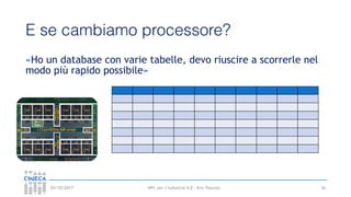 HPC per l’industria 4.0 - Eric Pascolo03/10/2017
E se cambiamo processore?
«Ho un database con varie tabelle, devo riuscire a scorrerle nel
modo più rapido possibile»
16
 