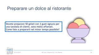 HPC per l’industria 4.0 - Eric Pascolo03/10/2017
Preparare un dolce al ristorante
24
Dovete preparare 50 gelati con 3 gusti ognuno per
una tavolata di clienti, sono molto affamati.
Come fate a prepararli nel minor tempo possibile?
 
