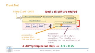 HPC per l’industria 4.0 - Eric Pascolo03/10/2017 30
Front End
Compiled CODE
Allocation:
process that
fed the BE of uOP
Retirement:
The completion of a uOp’s
execution. The results are
committed to the architectural
state.
Ideal : all uOP are retired
4 uOP/cycle(pipeline slot) => CPI = 0.25
 