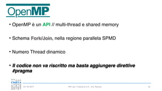 HPC per l’industria 4.0 - Eric Pascolo03/10/2017 52
• OpenMP è un API // multi-thread e shared memory
• Schema Fork/Join, nella regione parallela SPMD
• Numero Thread dinamico
• Il codice non va riscritto ma basta aggiungere direttive
#pragma
 