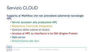 HPC per l’industria 4.0 - Eric Pascolo03/10/2017
Servizio CLOUD
Supporto ai Workflow che non prevedono solomente tecnologie
HPC
• Servizi accessori alla produzione HPC
• Repository, Continuos Integration
• Gestioni delle catene di lavoro
• Accesso al HPC su interfacce e no SSH (Engine Frame)
• Web server
• Dissemination dei dati
94
 