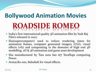 Bollywood Animation Movies
 India's first international quality 3D animation film by Yash Raj
Film’s released in 2007.
 Eka(supercomputer) used to reduce rendering times for
animation frames, computer generated imagery (CGI), visual
effects (vfx) and compositing in the domains of high end 3D
modelling, 2D & 3D animation and game asset development
 Eka manufactured by Tata sons has 117 Teraflops computing
Power.
 Avatar,Ra-one, Bahubali for visual effects.
9/2/2015 NIT Silchar 29
 