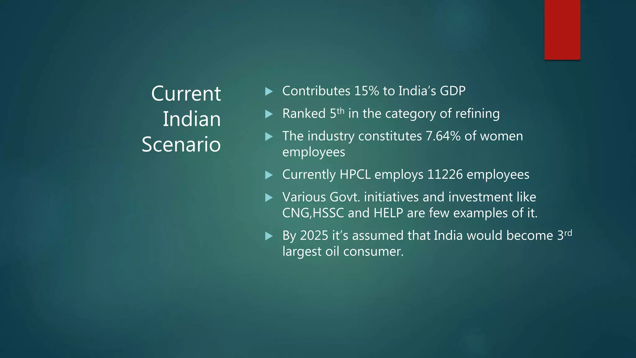 Current
Indian
Scenario
 Contributes 15% to India’s GDP
 Ranked 5th in the category of refining
 The industry constitutes 7.64% of women
employees
 Currently HPCL employs 11226 employees
 Various Govt. initiatives and investment like
CNG,HSSC and HELP are few examples of it.
 By 2025 it’s assumed that India would become 3rd
largest oil consumer.
 