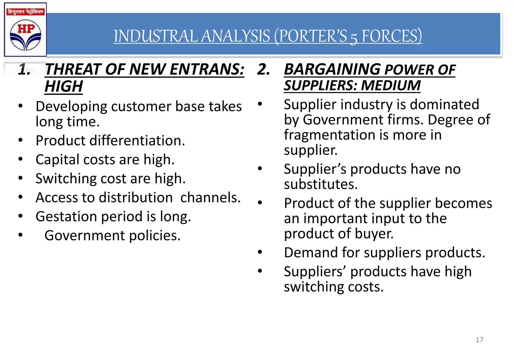 INDUSTRAL ANALYSIS (PORTER’S 5 FORCES)
1. THREAT OF NEW ENTRANS:
HIGH
• Developing customer base takes
long time.
• Product differentiation.
• Capital costs are high.
• Switching cost are high.
• Access to distribution channels.
• Gestation period is long.
• Government policies.
2. BARGAINING POWER OF
SUPPLIERS: MEDIUM
• Supplier industry is dominated
by Government firms. Degree of
fragmentation is more in
supplier.
• Supplier’s products have no
substitutes.
• Product of the supplier becomes
an important input to the
product of buyer.
• Demand for suppliers products.
• Suppliers’ products have high
switching costs.
17
 