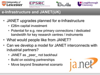 e-Infrastructure and JANET(UK)

 JANET upgrades planned for e-Infrastructure
    £26m capital investment
    Potential for e.g. new primary connections / dedicated
     bandwidth for key research centres / instruments
 What would people like from JANET?
 Can we develop a model for JANET interconnects with
  industrial partners?
    JANET as _peer_ not backhaul
    Build on existing partnerships
    Move beyond Sneakernet scenario
 