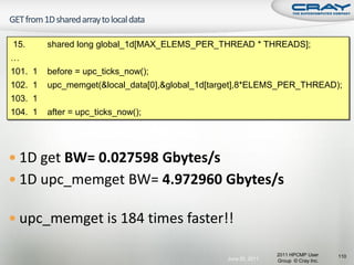 15.      shared long global_1d[MAX_ELEMS_PER_THREAD * THREADS];
…
101. 1   before = upc_ticks_now();
102. 1   upc_memget(&local_data[0],&global_1d[target],8*ELEMS_PER_THREAD);
103. 1
104. 1   after = upc_ticks_now();




 1D get BW= 0.027598 Gbytes/s
 1D upc_memget BW= 4.972960 Gbytes/s

 upc_memget is 184 times faster!!

                                                                2011 HPCMP User     110
                                                June 20, 2011   Group © Cray Inc.
 