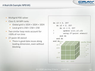  Multigrid PDE solver
 Class D, 64 MPI ranks
                                                       do i3 = 2, 257
    Global grid is 1024 × 1024 × 1024                    do i2 = 2, 257
    Local grid is 258 × 258 × 258                           do i1 = 2, 257
 Two similar loop nests account for                   !         update u(i1,i2,i3)
                                                       !         using 27-point stencil
  >50% of run time
                                                             end do
 27-point 3D stencil                                     end do
    There is good data reuse along                    end doi2+1
                                                                                          cache lines
                                                                i2
      leading dimension, even without                       i2-1
      blocking                                              i3+1


                                                              i3


                                                            i3-1

                                                                   i1-1    i1      i1+1




                              2011 HPCMP User Group © Cray Inc.    June 20, 2011                   230
 