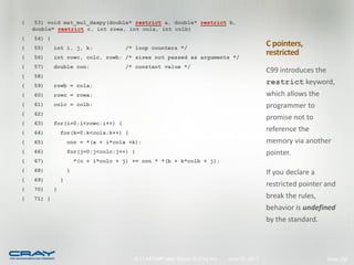 (    53) void mat_mul_daxpy(double* restrict a, double* restrict b,
    double* restrict c, int rowa, int cola, int colb)
(   54) {
(   55)     int i, j, k;               /* loop counters */
                                                                                              C pointers,
(   56)     int rowc, colc, rowb; /* sizes not passed as arguments */
                                                                                              restricted
(   57)     double con;                /* constant value */
                                                                                              C99 introduces the
(   58)
(   59)     rowb = cola;
                                                                                              restrict keyword,
(   60)     rowc = rowa;                                                                      which allows the
(   61)     colc = colb;                                                                      programmer to
(   62)
                                                                                              promise not to
(   63)     for(i=0;i<rowc;i++) {
(   64)         for(k=0;k<cola;k++) {
                                                                                              reference the
(   65)             con = *(a + i*cola +k);                                                   memory via another
(   66)             for(j=0;j<colc;j++) {                                                     pointer.
(   67)                 *(c + i*colc + j) += con * *(b + k*colb + j);
(   68)             }                                                                         If you declare a
(   69)         }
                                                                                              restricted pointer and
(   70)     }
(   71) }                                                                                     break the rules,
                                                                                              behavior is undefined
                                                                                              by the standard.



                                          2011 HPCMP User Group © Cray Inc.   June 20, 2011                      Slide 235
 