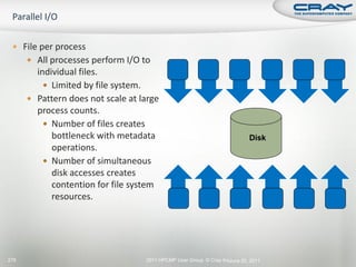  File per process
       All processes perform I/O to
        individual files.
           Limited by file system.
       Pattern does not scale at large
        process counts.
           Number of files creates
            bottleneck with metadata                                       Disk
            operations.
           Number of simultaneous
            disk accesses creates
            contention for file system
            resources.




279                                2011 HPCMP User Group © Cray Inc.
                                                                   June 20, 2011
 