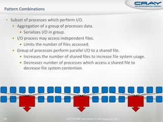  Subset of processes which perform I/O.
       Aggregation of a group of processes data.
           Serializes I/O in group.
       I/O process may access independent files.
           Limits the number of files accessed.
       Group of processes perform parallel I/O to a shared file.
           Increases the number of shared files to increase file system usage.
           Decreases number of processes which access a shared file to
            decrease file system contention.




281                                    2011 HPCMP User Group © Cray Inc. une 20, 2011
                                                                       J
 