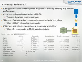 If an application does extremely small, irregular I/O, explicitly buffering may improve
  performance.
 A post processing application writes a 1GB file.
       This case study is an extreme example.
 This occurs from one writer, but occurs in many small write operations.
       Takes 1080 s (~ 18 minutes) to complete.
 IOBUF was utilized to intercept these writes with 64 MB buffers.
       Takes 4.5 s to complete. A 99.6% reduction in time.
                                                                                        Lustre

File "ssef_cn_2008052600f000"
                   Calls         Seconds                   Megabytes           Megabytes/sec     Avg Size
   Open                1        0.001119
   Read              217        0.247026                   0.105957                   0.428931       512
   Write         2083634        1.453222                1017.398927                 700.098632       512
   Close               1        0.220755
   Total         2083853        1.922122                1017.504884                 529.365466        512
   Sys Read            6        0.655251                 384.000000                 586.035160   67108864
   Sys Write          17        3.848807                1081.145508                 280.904052   66686072
   Buffers used            4 (256 MB)
   Prefetches              6
   Preflushes             15


287                                     2011 HPCMP User Group © Cray Inc.
                                                                        June 20, 2011
 