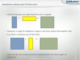  All BLAS libraries are optimized for rank-k update

               *                          =




 However, a huge % of dgemm usage is not from solvers but explicit calls
 E.g. DCA++ matrices are of this form

                       *              =




 How can we very easily provide an optimization for these types of
  matrices?
                            2011 HPCMP User Group © Cray Inc.   June 20, 2011   76
 