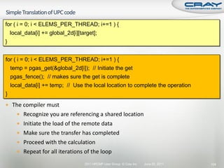 for ( i = 0; i < ELEMS_PER_THREAD; i+=1 ) {
    local_data[i] += global_2d[i][target];
}


for ( i = 0; i < ELEMS_PER_THREAD; i+=1 ) {
    temp = pgas_get(&global_2d[i]); // Initiate the get
    pgas_fence(); // makes sure the get is complete
    local_data[i] += temp; // Use the local location to complete the operation
}
 The compiler must
       Recognize you are referencing a shared location
       Initiate the load of the remote data
       Make sure the transfer has completed
       Proceed with the calculation
       Repeat for all iterations of the loop

                                    2011 HPCMP User Group © Cray Inc.   June 20, 2011   104
 