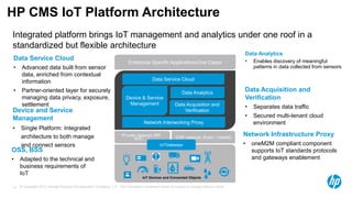 © Copyright 2012 Hewlett-Packard Development Company, L.P. The information contained herein is subject to change without notice.13
HP CMS IoT Platform Architecture
CSP network (fixed / mobile)Private network (RF,
WiFi…)
Network Interworking Proxy
Device & Service
Management
Enterprise Specific Applications/Use Cases
Data Acquisition and
Verification
Data Analytics
Data Service Cloud
IoT Devices and Connected Objects
IoTGateways
Device and Service
Management
• Single Platform: Integrated
architecture to both manage
and connect sensors
OSS, BSS
• Adapted to the technical and
business requirements of
IoT
Data Acquisition and
Verification
• Separates data traffic
• Secured multi-tenant cloud
environment
Data Service Cloud
• Advanced data built from sensor
data, enriched from contextual
information
• Partner-oriented layer for securely
managing data privacy, exposure,
settlement
Data Analytics
• Enables discovery of meaningful
patterns in data collected from sensors
Integrated platform brings IoT management and analytics under one roof in a
standardized but flexible architecture
Network Infrastructure Proxy
• oneM2M compliant component
supports IoT standards protocols
and gateways enablement
 