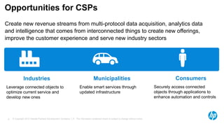 © Copyright 2012 Hewlett-Packard Development Company, L.P. The information contained herein is subject to change without notice.8
Opportunities for CSPs
Create new revenue streams from multi-protocol data acquisition, analytics data
and intelligence that comes from interconnected things to create new offerings,
improve the customer experience and serve new industry sectors
Consumers
Securely access connected
objects through applications to
enhance automation and controls
Industries
Leverage connected objects to
optimize current service and
develop new ones
Municipalities
Enable smart services through
updated infrastructure
 