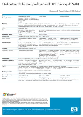Ordinateur de bureau professionnel HP Compaq dc7600
HP recommande Microsoft® Windows® XP Professionnel
© Copyright 2005 Hewlett-Packard Development Company, L.P. Les informations données dans ce document peuvent faire
l'objet de modifications à tout moment. Les seules garanties applicables aux produits et services HP sont celles mentionnées
dans les déclarations de garantie accompagnant lesdits produits et services. Les informations contenues dans ce document ne
constituent pas une garantie complémentaire.
Intel, Pentium et Celeron sont des marques ou des marques déposées d'Intel Corporation ou de ses filiales aux Etats-Unis et
dans d'autres pays. Microsoft et Windows XP sont des marques déposées de Microsoft Corporation aux Etats-Unis et/ou dans
d'autres pays.
Pour en savoir plus, visitez le site Web à l'adresse www.hp.com/eur/desktops
5983-1573FRE. Août 2005
Format Modèle de bureau ultra-plat Format compact Mini-tour convertible
Système d'exploitation Microsoft® Windows® XP Professionnel SP2
Microsoft® Windows® XP Edition Familiale SP2
SuSE Linux 9.3
FreeDOS
Processeurs Processeur Intel® Celeron® D 331 / 336 (2,66 à 2,8 GHz, 256 Ko de cache L2, bus frontal à 533 MHz) ou processeur Intel® Pentium® 4 521
/ 531 / 541 / 630 / 640 / 650 / 660 / 670 avec technologie HT (2,8 à 3,8 GHz, 1 ou 2 Mo de cache L2, bus frontal à 800 MHz) ou
processeur Intel® Pentium® D 820 Dual Core (2 x 2,8 GHz, 2 Mo de cache L2, bus frontal à 800 MHz)
Chipset Chipset Intel® 945G
Mémoire De 256 Mo à 3 Go de mémoire DDR2
PC2-4200 et PC2-5300 non-ECC
(configurations simple et double canal)
De 256 Mo à 4 Go de mémoire DDR2 PC2-4200 et PC2-5300 non-ECC (configurations simple
et double canal)
Emplacements mémoire 3 DIMM 4 modules DIMM
Disque(s) dur(s) Serial ATA 3,0 Gbit/s de 80 à 250 Go, Serial ATA 1,5 Gbit/s 40 Go
Baies d'extension 1 Multibay externe, 1 lecteur 3,5 pouces
interne
1 lecteur externe 5,25 pouces, 1 lecteur
externe 3,5 pouces, 1 lecteur 3,5 pouces
interne
3 lecteurs externes 5,25 pouces, 1 lecteur
externe 3,5 pouces, 2 lecteurs 3,5 pouces
internes
Supports amovibles MultiBay : lecteur CD-ROM 24x, combo
DVD/CD-RW 24x/24x/24x/8x, lecteur
DVD-ROM 8x/24x avec fonction +R, graveur
de DVD +/-RW 8X
Lecteur de CD-ROM 48X Max, lecteur de CD-RW 48X/32X/48X, combo CD-RW/DVD-ROM
48X/32X, lecteur de DVD-ROM 16X/48X, graveur de DVD +/-RW DL 16X
(LightScribe3/double couche/double format)
Graphiques Intel® Graphics Media Accelerator 950
Connecteurs d'extension 1 emplacement PCI pleine hauteur 2 PCI mi-hauteur, 1 PCI Express x1 mi-hauteur,
1 PCI Express x16 mi-hauteur (2 PCI pleine
hauteur disponibles via une carte adaptatrice
en option), (Remarque : avec la carte
adaptatrice en option, les emplacements
Express x1 et x16 ne sont pas pris en charge)
2 PCI pleine hauteur, 1 PCI Express x1 pleine
hauteur, 1 PCI Express x16 pleine hauteur (2
PCI pleine hauteur supplémentaires disponibles
en option)
Communications Modem logiciel PCI 56K haut débit en option; Broadcom NetXtreme Gigabit Ethernet intégré
Connecteurs et ports d'E/S A l'arrière : 6 ports USB 2.0, 1 port série en
option, 1 port parallèle en option, 2 PS/2, 1
RJ-45, 1 sortie VGA, entrée/sortie audio, En
façade : 2 port USB 2.0, casque et micro.
A l'arrière : 6 ports USB 2.0, 1 port série en standard, 1 port série en option, 1 port parallèle,
2 PS/2, 1 RJ-45, 1 sortie VGA, entrée/sortie audio, En façade : 2 port USB 2.0, casque et
micro.
Logiciels Tous les modèles : Adobe Acrobat Reader, PDF Complete, Altiris Local Recovery, Sun Java Runtime Environment.
Systèmes d'exploitation : au choix Microsoft® Windows® XP Professionnel SP2, SuSE Linux ou Microsoft® Windows® XP Edition familiale SP2
Sur certains modèles uniquement : Microsoft® Office 2003 Edition PME, Microsoft® Office 2003 Basic
Sur certains modèles uniquement : Norton Antivirus 2005, Roxio CinePlayer
Périphériques d'entrée Clavier standard
Souris à molette 2 boutons ou souris à molette optique USB selon les modèles
Dimensions (l x p x h) 31,5 x 33,5 x 7,5 cm 33,8 x 37,9 x 10,0 cm 16,8 x 45,2 x 44,8 cm
Alimentation 200 watts maximum 240 watts maximum 365 watts maximum
Garantie Couvert par les HP Services, incluant la garantie standard 3-3-3, qui offre 3 ans d'assistance sur site et 3 ans d'intervention sur site le jour ouvré
suivant pièces et main d'œuvre . Les termes et conditions varient selon les pays. Certaines restrictions et exclusions s'appliquent.
 