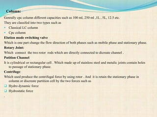 Column:
Genrally cpc column different capacities such as 100 ml, 250 ml ,1L , 5L, 12.5 etc.
They are classifed into two types such as
 Classical LC column
 Cpc column
Elution mode switching valve
Which is one part change the flow direction of both phases such as mobile phase and stationary phase.
Rotary Joint:
Which connect the two rotor rods which are directly connected to dicreate channel .
Patition Channel
It is cylindrical or rectangular cell . Which made up of stainless steel and metalic joints contain holes
to passage of stationary phase.
Centrifuge:
Which used produce the centrifugal force by using rotor . And it is retain the stationary phase in
column or discreate partition cell by the two forces such as
 Hydro dynamic force
 Hydrostatic force
.
 