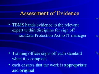 Assessment of Evidence TBMS hands evidence to the relevant expert within discipline for sign off  i.e. Data Protection Act to IT manager  Training officer signs off each standard when it is complete each ensures that the work is  appropriate  and  original   