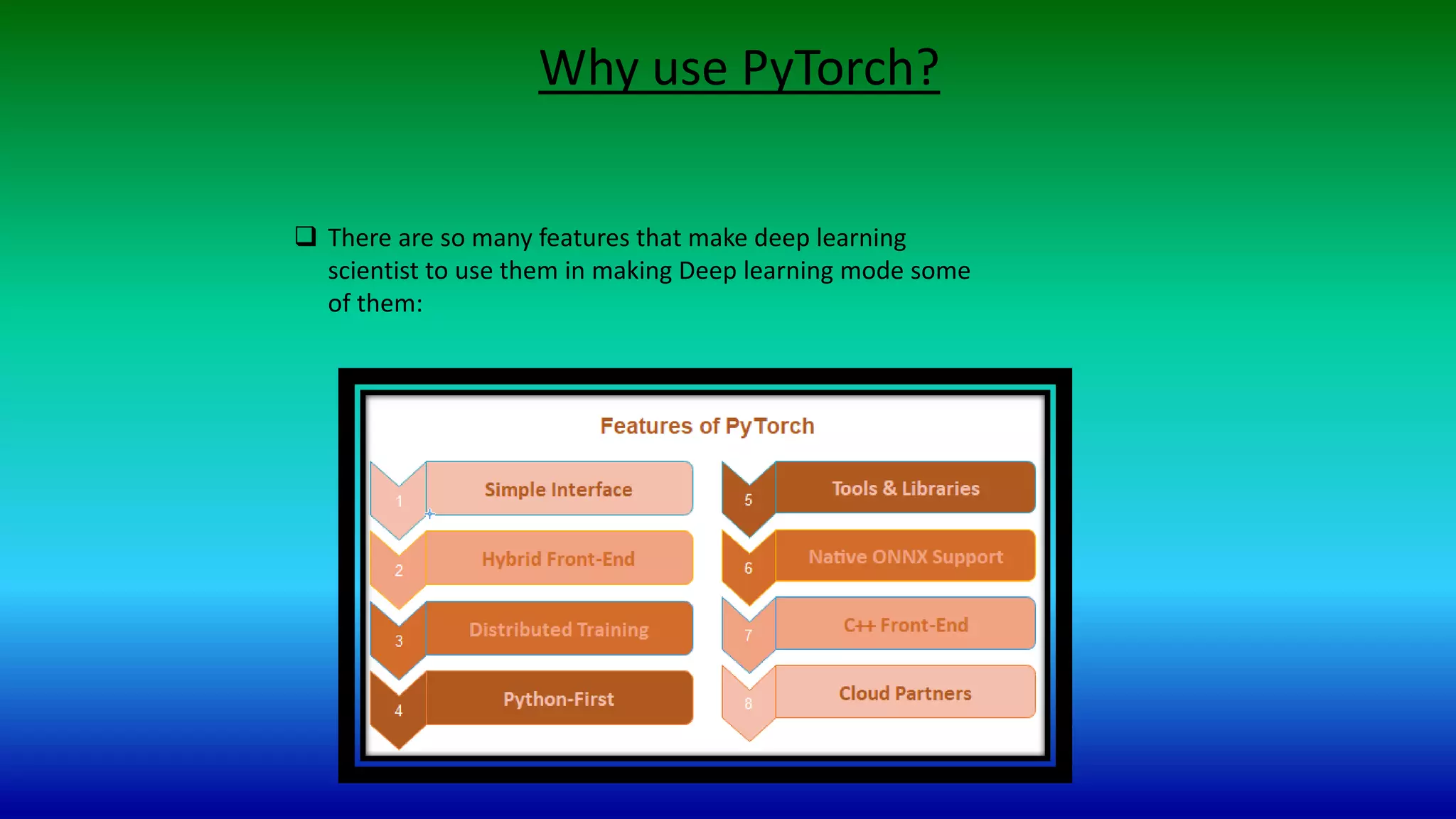 Why use PyTorch?
 There are so many features that make deep learning
scientist to use them in making Deep learning mode some
of them:
 