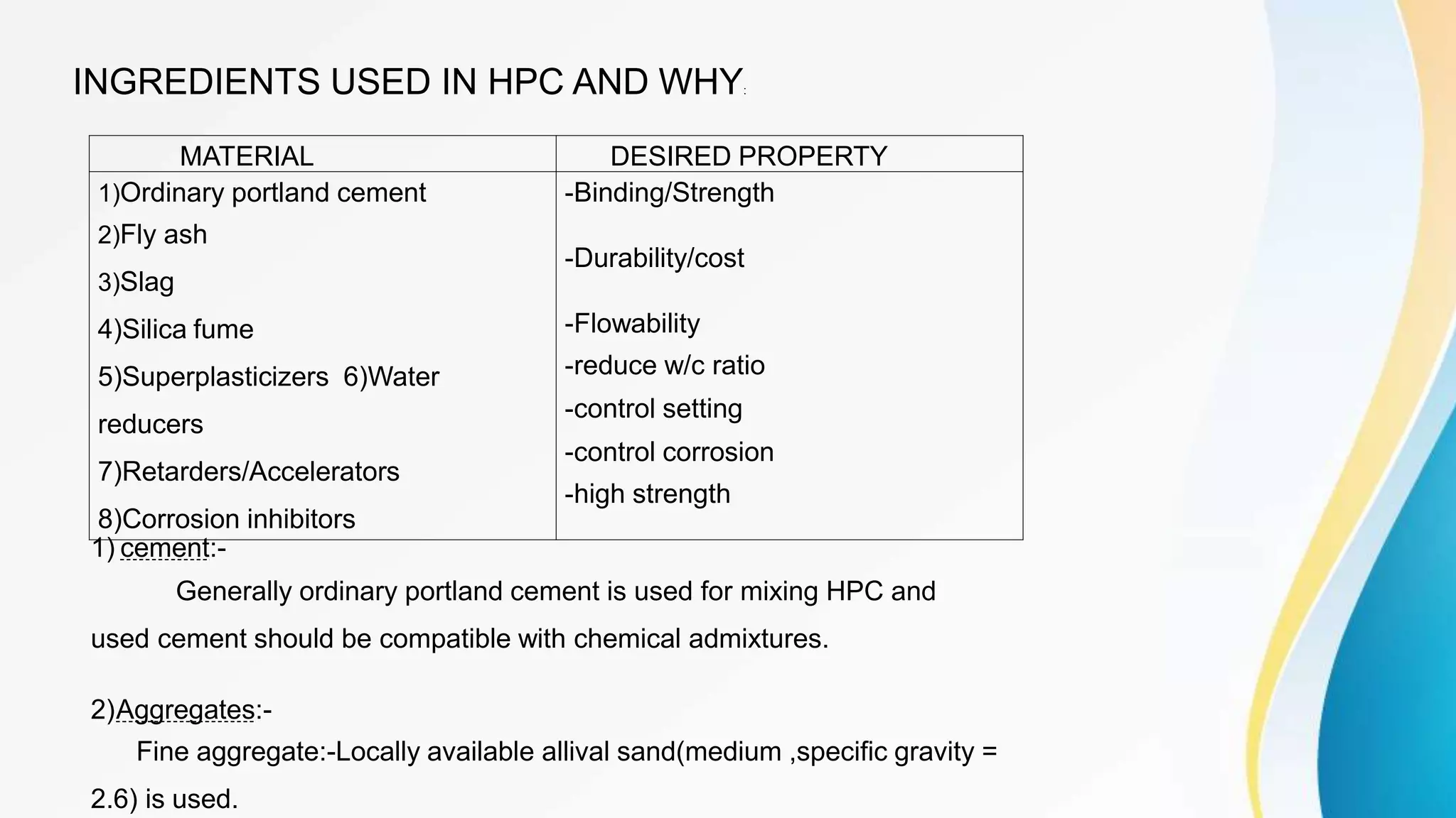 INGREDIENTS USED IN HPC AND WHY:
MATERIAL DESIRED PROPERTY
1)Ordinary portland cement
2)Fly ash
3)Slag
4)Silica fume
5)Superplasticizers 6)Water
reducers
7)Retarders/Accelerators
8)Corrosion inhibitors
-Binding/Strength
-Durability/cost
-Flowability
-reduce w/c ratio
-control setting
-control corrosion
-high strength
1) cement:-
Generally ordinary portland cement is used for mixing HPC and
used cement should be compatible with chemical admixtures.
2)Aggregates:-
Fine aggregate:-Locally available allival sand(medium ,specific gravity =
2.6) is used.
 