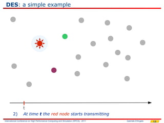 DES: a simple example




                  t
        2)        At time t the red node starts transmitting
International Conference on High Performance Computing and Simulation (HPCS), 2011   Gabriele D'Angelo   11
 
