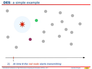 DES: a simple example




                  t
        2)        At time t the red node starts transmitting
International Conference on High Performance Computing and Simulation (HPCS), 2011   Gabriele D'Angelo   12
 