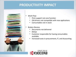 PRODUCTIVITY IMPACT Work Flow Print support not core function Old drivers not compatible with new applications Consumables not in stock Broken Devices Documents not delivered Delays Customer responsible for having consumables available Increased costs in procurement, IT, and Accounting. 