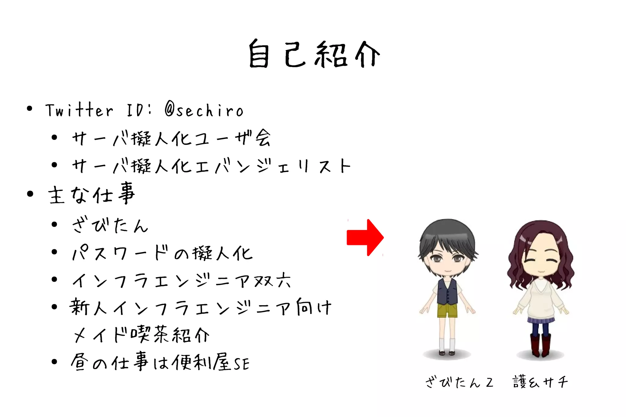 自己紹介
●   Twitter ID: @sechiro
     ● サーバ擬人化ユーザ会

     ● サーバ擬人化エバンジェリスト


●   主な仕事
    ●   ざびたん
    ●   パスワードの擬人化
    ●   インフラエンジニア双六
    ●   新人インフラエンジニア向け
        メイド喫茶紹介
    ●   昼の仕事は便利屋SE
                           ざびたん２　護＆サチ
 