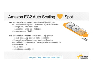 aws autoscale create-launch-configuration
--launch-configuration-name spotlc-5cents
--image-id ami-e565ba8c
--instance-type d2.2xlarge
--spot-price “0.25”
aws autoscale create-auto-scaling-group
--auto-scaling-group-name spotasg
--launch-configuration spotlc-5cents
--availability-zones “us-east-1a,us-east-1b”
--max-size 16
--min-size 1
--desiredcapacity 3
http://aws.amazon.com/cli/
 