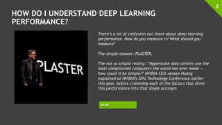 HOW DO I UNDERSTAND DEEP LEARNING
PERFORMANCE?
2
There’s a lot of confusion out there about deep learning
performance. How do you measure it? What should you
measure?
The simple answer: PLASTER.
The not so simple reality: “Hyperscale data centers are the
most complicated computers the world has ever made —
how could it be simple?” NVIDIA CEO Jensen Huang
explained at NVIDIA’s GPU Technology Conference earlier
this year, before cramming each of the factors that drive
this performance into that single acronym
BLOG
 