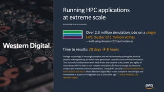 Running HPC applications
at extreme scale
“Storage technology is amazingly complex and we’re constantly pushing the limits of
physics and engineering to deliver next-generation capacities and technical innovation.
This successful collaboration with AWS shows the extreme scale, power and agility of
cloud-based HPC to help us run complex simulations for future storage architecture
analysis and materials science explorations. Using AWS to easily shrink simulation time
from 20 days to 8 hours allows Western Digital R&D teams to explore new designs and
innovations at a pace un-imaginable just a short time ago.” —Steve Phillpott, CIO,
Western Digital
single
HPC cluster of 1 million vCPUs
Accelerating time to innovation
20 days → 8 hours
 