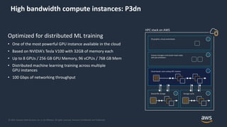 © 2019, Amazon Web Services, Inc. or its Affiliates. All rights reserved. Amazon Confidential and Trademark
High bandwidth compute instances: P3dn
HPC stack on AWS
3D graphics virtual workstation
License managers and cluster head nodes
with job schedulers
Cloud-based, auto-scaling HPC clusters
Shared file storage Storage cache
Optimized for distributed ML training
• One of the most powerful GPU instance available in the cloud
• Based on NVIDIA’s Tesla V100 with 32GB of memory each
• Up to 8 GPUs / 256 GB GPU Memory, 96 vCPUs / 768 GB Mem
• Distributed machine learning training across multiple
GPU instances
• 100 Gbps of networking throughput
 
