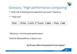 Copyright © 2014, Intel Corporation. All rights reserved. *Other names and brands may be claimed as the property of others. Optimization Notice
Glossary, “High performance computing”
Peak =nb of floating points operations per cycle * frequency
“Flops /sec”
“Efficiency = % of the peak performance”
Same for Bandwidth (but in Gbytes / sec)
sec/sec)/(*)/( FlopscyclecycleFlopsPeak ==
By the way : What is the peak perf of your laptop ?
11
 