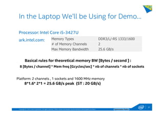 Copyright © 2014, Intel Corporation. All rights reserved. *Other names and brands may be claimed as the property of others. Optimization Notice
Processor: Intel Core i5-3427U
ark.intel.com:
37
In the Laptop We’ll be Using for Demo…
Memory Types DDR3/L/-RS 1333/1600
# of Memory Channels 2
Max Memory Bandwidth 25.6 GB/s
Basical rules for theoretical memory BW [Bytes / second ] :
8 [Bytes / channel] * Mem freq [Gcycles/sec] * nb of channels * nb of sockets
Platform: 2 channels , 1 sockets and 1600 MHz memory
8*1.6* 2*1 = 25.6 GB/s peak (ST : 20 GB/s)
 