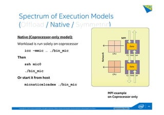 Copyright © 2014, Intel Corporation. All rights reserved. *Other names and brands may be claimed as the property of others. Optimization Notice
Spectrum of Execution Models
(Offload / Native / Symmetric)
MPI example
on Coprocessor only
Native (Coprocessor-only model):
Workload is run solely on coprocessor
icc –mmic … ./bin_mic
Then
ssh mic0
./bin_mic
Or start it from host
micnaticeloadex ./bin_mic
44
 