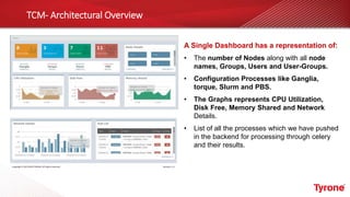 TCM- Architectural Overview
A Single Dashboard has a representation of:
• The number of Nodes along with all node
names, Groups, Users and User-Groups.
• Configuration Processes like Ganglia,
torque, Slurm and PBS.
• The Graphs represents CPU Utilization,
Disk Free, Memory Shared and Network
Details.
• List of all the processes which we have pushed
in the backend for processing through celery
and their results.
 