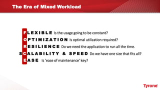 The Era of Mixed Workload
F L E X I B L E Is the usage going to be constant?
O P T I M I Z A T I O N Is optimal utilization required?
R E S I L I E N C E Do we need the application to run all the time.
E A S E Is ‘ease of maintenance’ key?
S C A L A B I L I T Y & S P E E D Do we have one size that fits all?
 