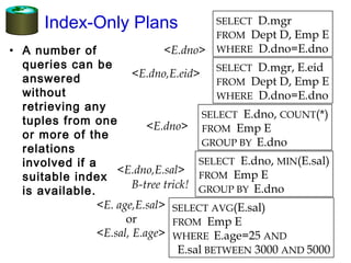 Index-Only Plans
• A number of
queries can be
answered
without
retrieving any
tuples from one
or more of the
relations
involved if a
suitable index
is available.
SELECT D.mgr
FROM Dept D, Emp E
WHERE D.dno=E.dno
SELECT D.mgr, E.eid
FROM Dept D, Emp E
WHERE D.dno=E.dno
SELECT E.dno, COUNT(*)
FROM Emp E
GROUP BY E.dno
SELECT E.dno, MIN(E.sal)
FROM Emp E
GROUP BY E.dno
SELECT AVG(E.sal)
FROM Emp E
WHERE E.age=25 AND
E.sal BETWEEN 3000 AND 5000
<E.dno>
<E.dno,E.eid>
<E.dno>
<E.dno,E.sal>
B-tree trick!
<E. age,E.sal>
or
<E.sal, E.age>
 