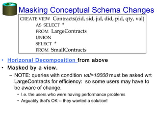 Masking Conceptual Schema Changes
• Horizonal Decomposition from above
• Masked by a view.
– NOTE: queries with condition val>10000 must be asked wrt
LargeContracts for efficiency: so some users may have to
be aware of change.
• I.e. the users who were having performance problems
• Arguably that’s OK -- they wanted a solution!
CREATE VIEW Contracts(cid, sid, jid, did, pid, qty, val)
AS SELECT *
FROM LargeContracts
UNION
SELECT *
FROM SmallContracts
 