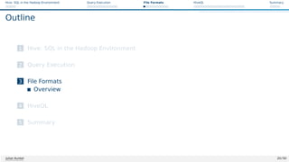 Hive: SQL in the Hadoop Environment Query Execution File Formats HiveQL Summary
Outline
1 Hive: SQL in the Hadoop Environment
2 Query Execution
3 File Formats
Overview
4 HiveQL
5 Summary
Julian Kunkel 20 / 50
 