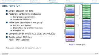 Hive: SQL in the Hadoop Environment Query Execution File Formats HiveQL Summary
ORC Files [25]
 Stripe: group of row data
 Postcript: contains file metadata
I Compression parameters
I Size of the file footer
 Index data (per stripe  row group)
I Min and max values
I Bloom filter (to pre-filter matches)
I Row position
 Compression of blocks: RLE, ZLIB, SNAPPY, LZO
 Tool to output ORC files:
hive -orcfiledump
Figure: Source: [25]
Row groups are by default 10k rows of one column
Julian Kunkel 23 / 50
 