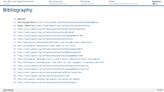 Hive: SQL in the Hadoop Environment Query Execution File Formats HiveQL Summary
Bibliography
10 Wikipedia
21 Hive Language Manual. https://cwiki.apache.org/confluence/display/Hive/LanguageManual
22 Design – Apache Hive. https://cwiki.apache.org/confluence/display/Hive/Design
23 https://cwiki.apache.org/confluence/display/Hive/Correlation+Optimizer
24 https://cwiki.apache.org/confluence/display/Hive/AvroSerDe
25 https://cwiki.apache.org/confluence/display/Hive/LanguageManual+ORC
26 https://cwiki.apache.org/confluence/display/Hive/Tutorial
27 http://www.adaltas.com/blog/2012/03/13/hdfs-hive-storage-format-compression/
28 http://hortonworks.com/blog/hive-cheat-sheet-for-sql-users/
29 https://cwiki.apache.org/confluence/display/Hive/HCatalog+UsingHCat
30 https://cwiki.apache.org/confluence/display/Hive/HBaseIntegration
31 https://cwiki.apache.org/confluence/display/Hive/LanguageManual+UDF
32 http://hortonworks.com/blog/orcfile-in-hdp-2-better-compression-better-performance/
33 http://hortonworks.com/blog/using-r-and-other-non-java-languages-in-mapreduce-and-hive/
34 https://cwiki.apache.org/confluence/display/Hive/Configuration+Properties
36 https://cwiki.apache.org/confluence/display/Hive/LanguageManual+Transform
37 https://cwiki.apache.org/confluence/display/Hive/Hive+Transactions
38 https://cwiki.apache.org/confluence/display/Hive/LLAP
39 http://hortonworks.com/blog/llap-enables-sub-second-sql-hadoop/
45 https://cwiki.apache.org/confluence/display/Hive/HCatalog+CLI
Julian Kunkel 51 / 50
 