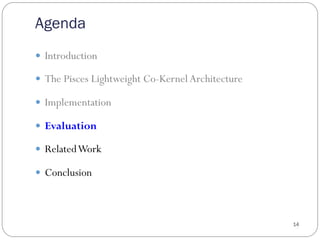 Agenda
14
—  Introduction
—  The Pisces Lightweight Co-Kernel Architecture
—  Implementation
—  Evaluation
—  RelatedWork
—  Conclusion
 