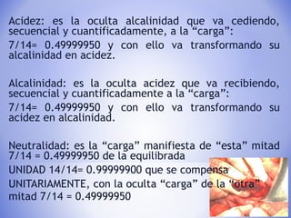 Acidez: es la oculta alcalinidad que va cediendo,
secuencial y cuantificadamente, a la “carga”:
7/14= 0.49999950 y con ello va transformando su
alcalinidad en acidez.
Alcalinidad: es la oculta acidez que va recibiendo,
secuencial y cuantificadamente a la “carga”:
7/14= 0.49999950 y con ello va transformando su
acidez en alcalinidad.
Neutralidad: es la “carga” manifiesta de “esta” mitad
7/14 = 0.49999950 de la equilibrada
UNIDAD 14/14= 0.99999900 que se compensa
UNITARIAMENTE, con la oculta “carga” de la “otra”
mitad 7/14 = 0.49999950 así:
 