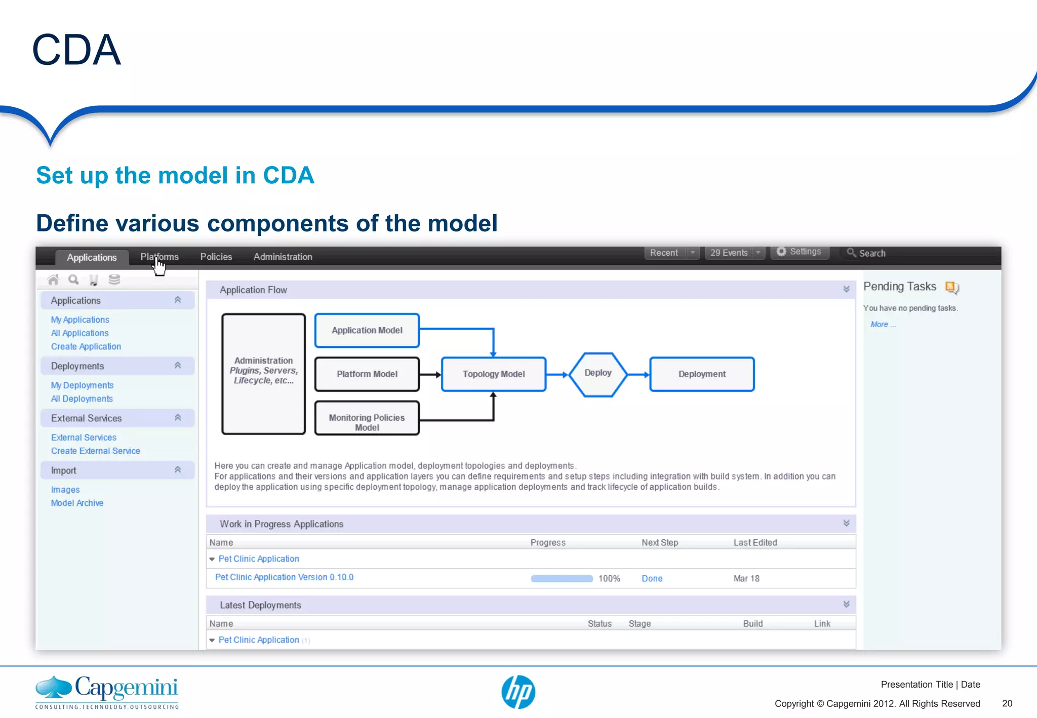 CDA

Set up the model in CDA

Define various components of the model




                                                                 Presentation Title | Date

                                         Copyright © Capgemini 2012. All Rights Reserved     20
 